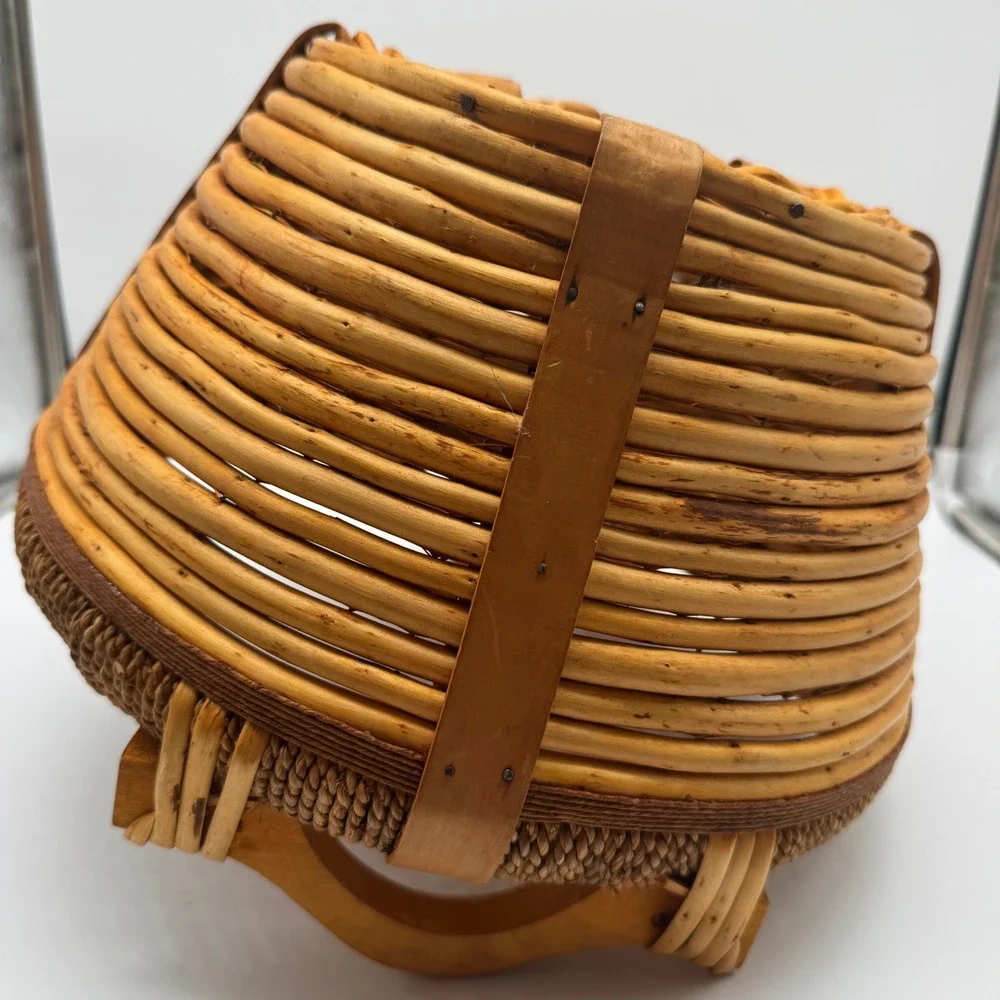 Vintage Woven Gathering Basket Wood Handles Split Reed Jute Rope Rim 11